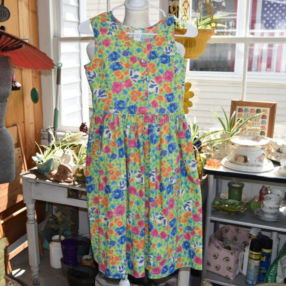 Vintage 90s Lands End Girls Size 14 Floral Cotton Blend Sundress Made USA